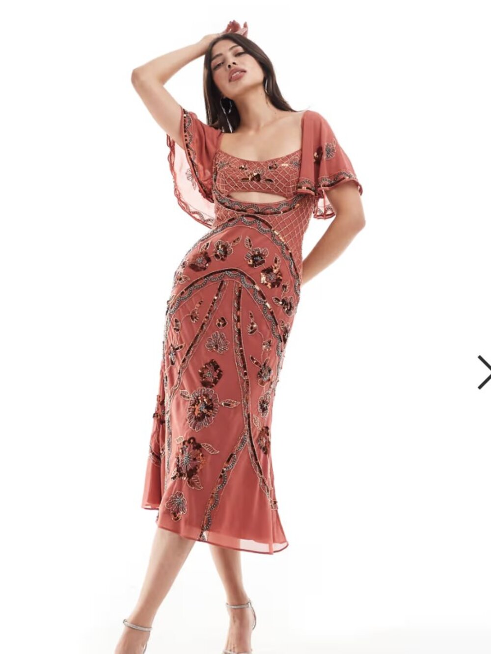 Embellished floral flutter sleeve midi dress with open back